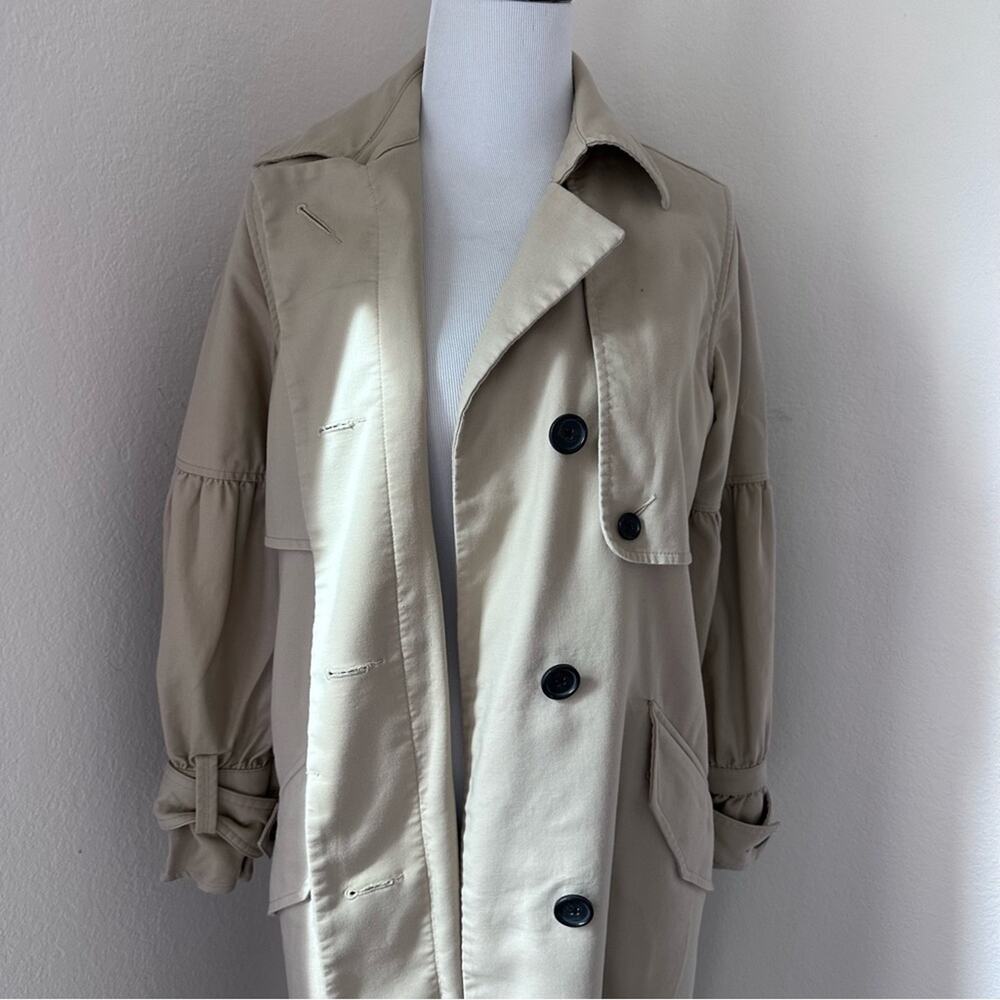 Joie Puff Sleeve Cotton Trench Coat Jacket Classic Beige Long Button-Front - Picture 5 of 14